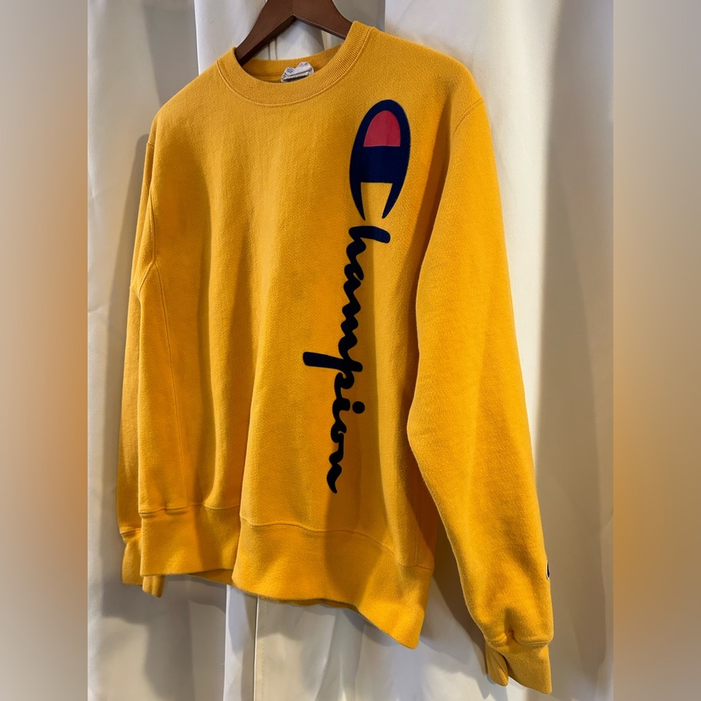 Champion Yellow Reverse Weave Vintage Hoodie Crewneck Sweatshirt - Mens Medium